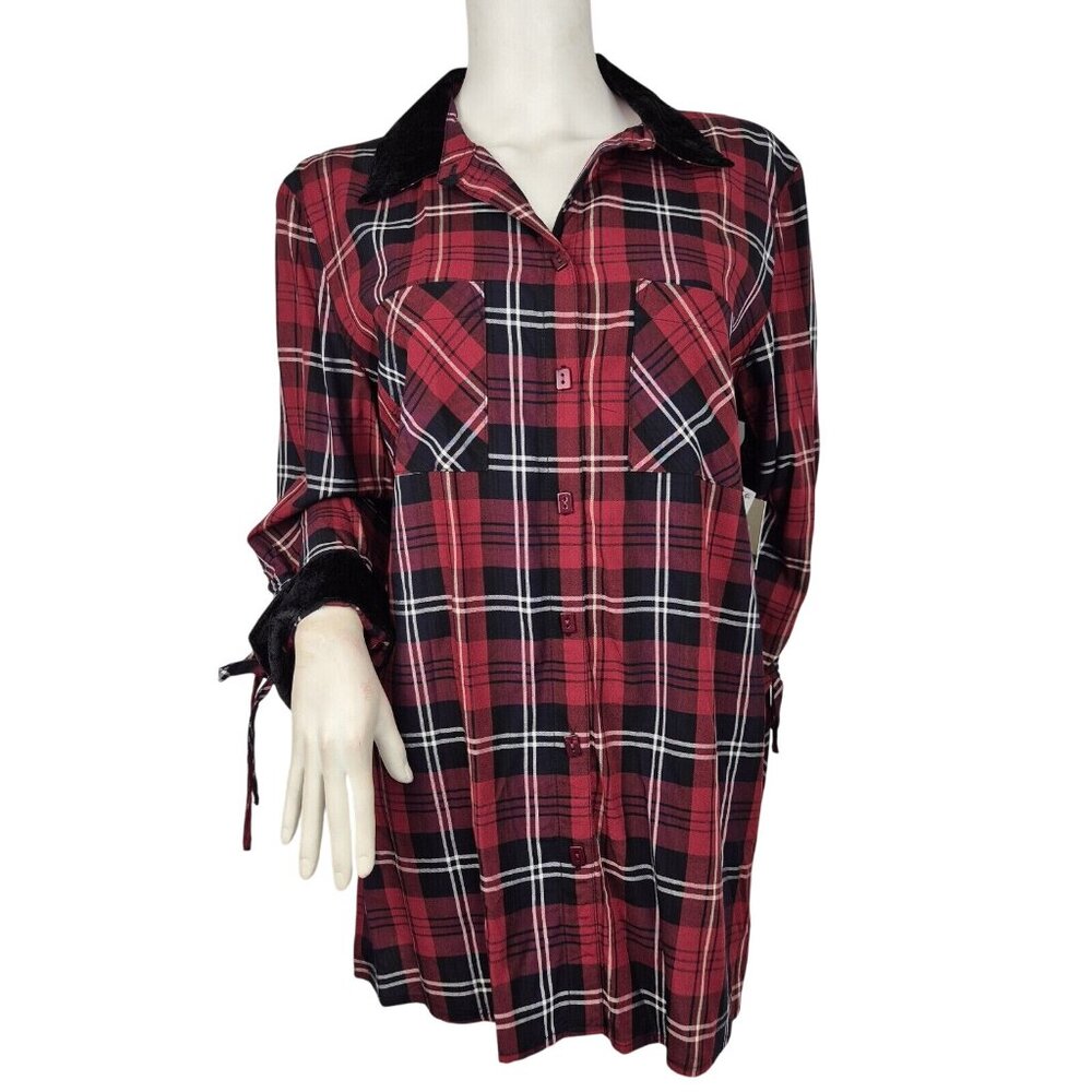 John Mark Tunic Top Women's  Size L Red Plaid Velvet Collar Cinched Sleeves 26